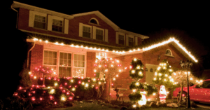 Exterior of a home decorated in holiday lights